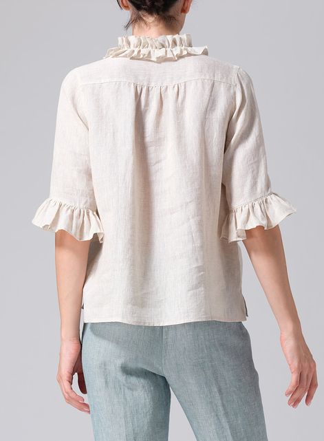 Linen Ruffle Stand Collar Top