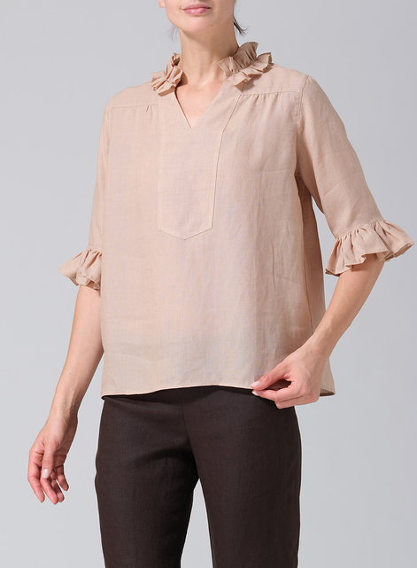 Linen Ruffle Stand Collar Top