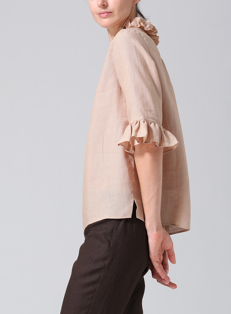 Linen Ruffle Stand Collar Top