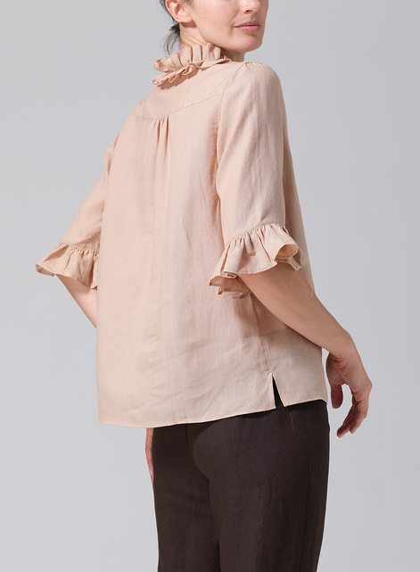 Linen Ruffle Stand Collar Top