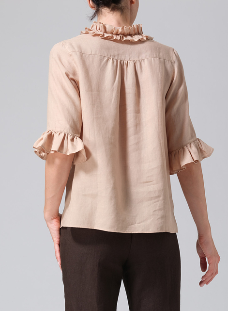 Linen Ruffle Stand Collar Top