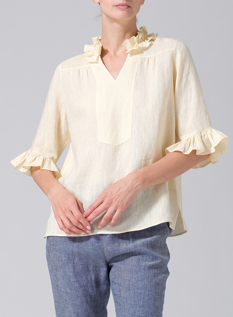 Linen Ruffle Stand Collar Top