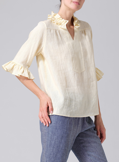 Linen Ruffle Stand Collar Top