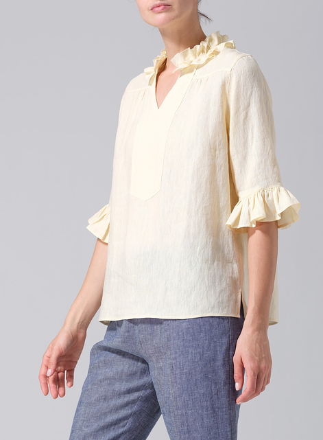 Linen Ruffle Stand Collar Top