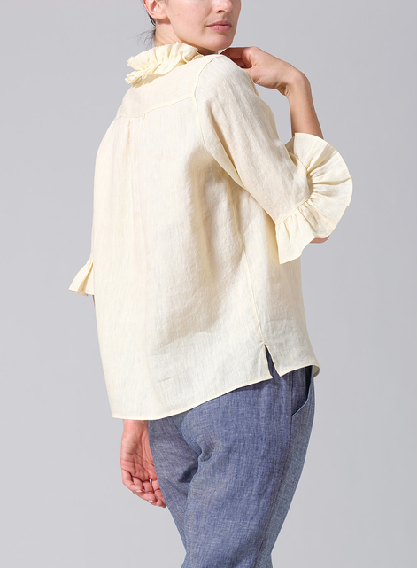 Linen Ruffle Stand Collar Top