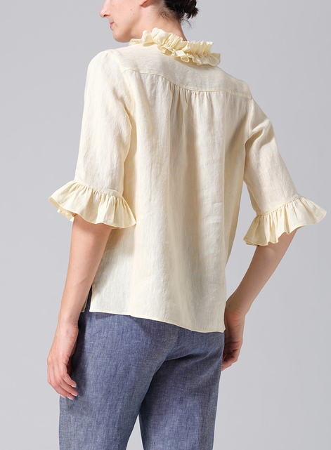 Linen Ruffle Stand Collar Top