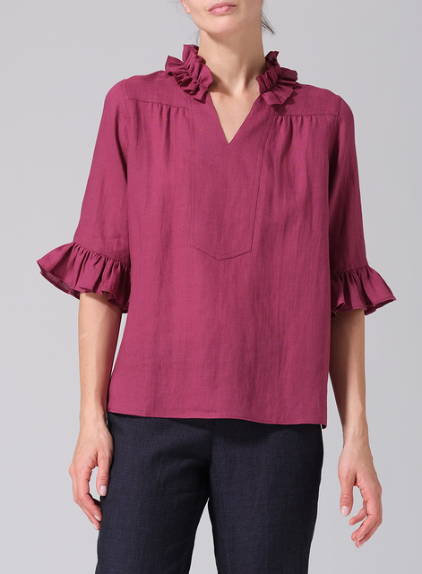 Linen Ruffle Stand Collar Top