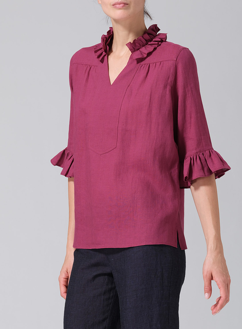 Linen Ruffle Stand Collar Top