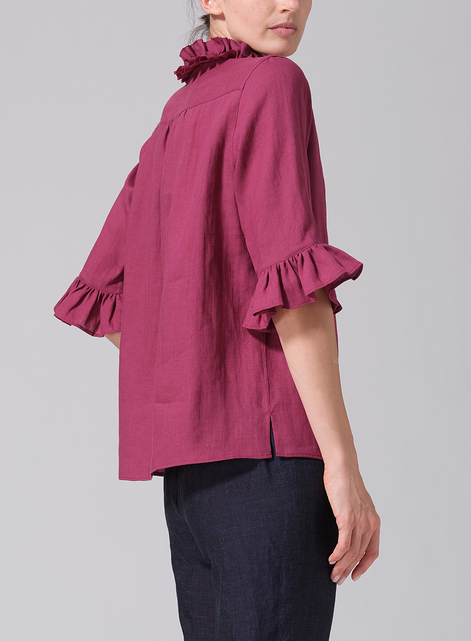 Linen Ruffle Stand Collar Top