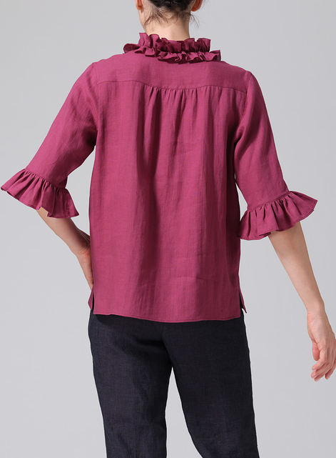 Linen Ruffle Stand Collar Top