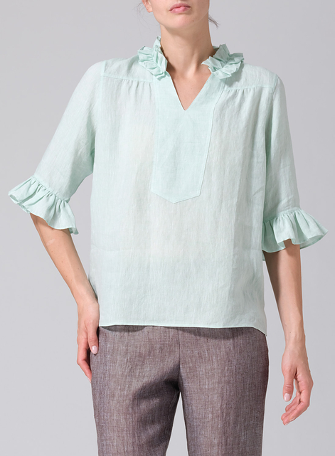 Linen Ruffle Stand Collar Top