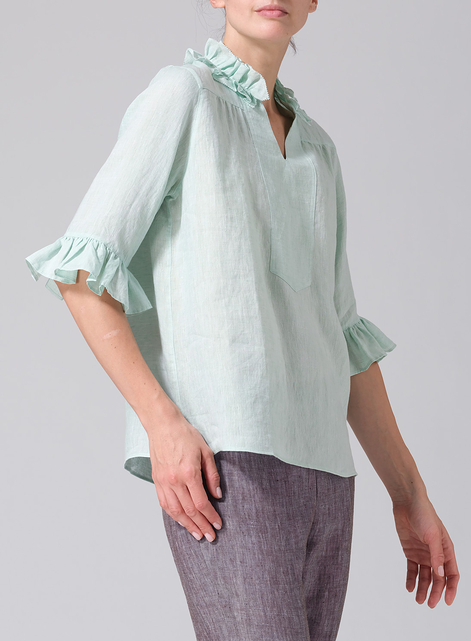 Linen Ruffle Stand Collar Top