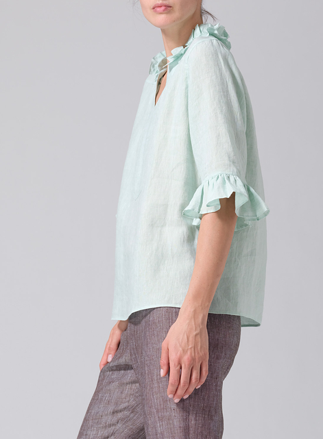 Linen Ruffle Stand Collar Top