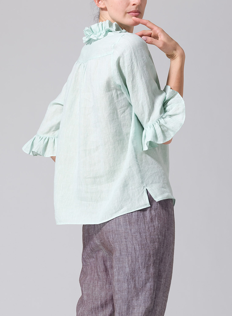 Linen Ruffle Stand Collar Top