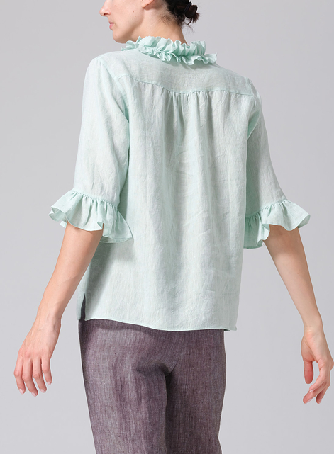 Linen Ruffle Stand Collar Top