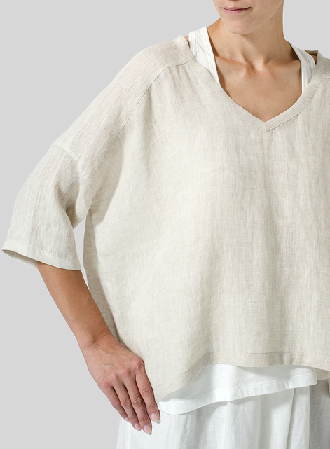 Woven Linen Deep V-neck Top