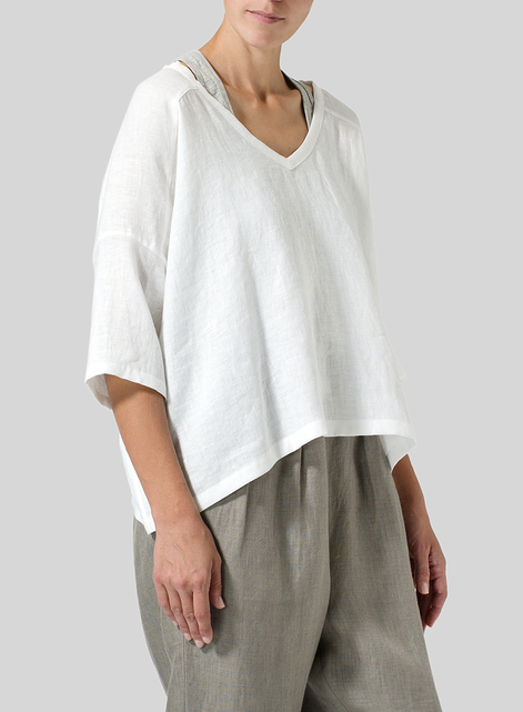 Woven Linen Deep V-neck Top