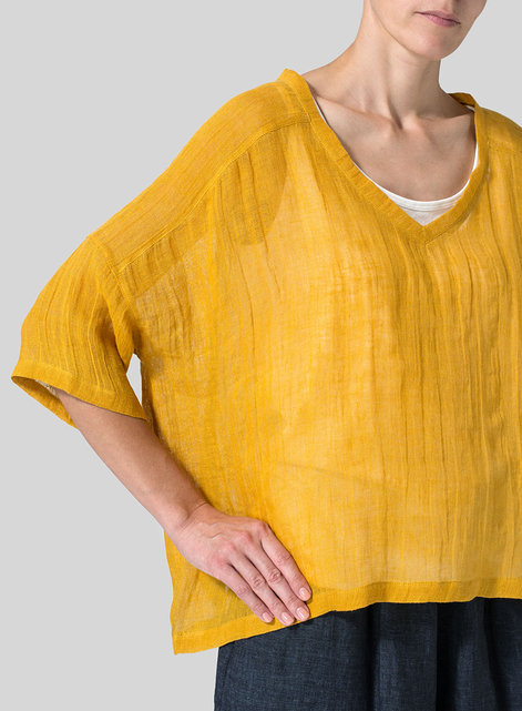 Woven Linen Deep V-neck Top