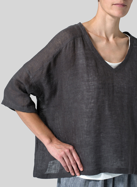 Woven Linen Deep V-neck Top