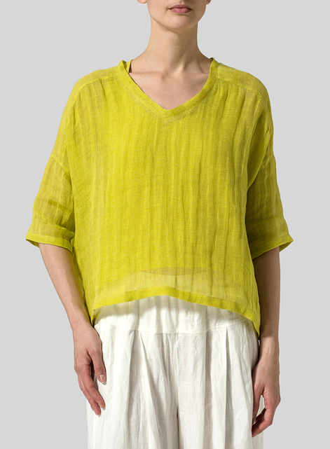 Woven Linen Deep V-neck Top