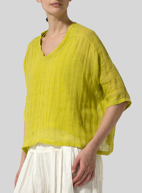 Woven Linen Deep V-neck Top