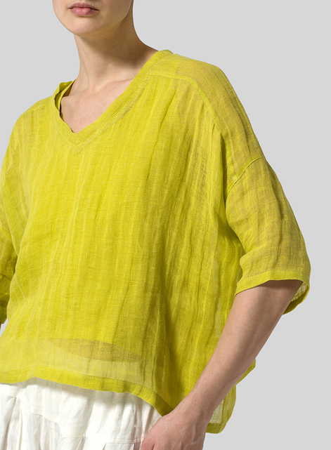 Woven Linen Deep V-neck Top