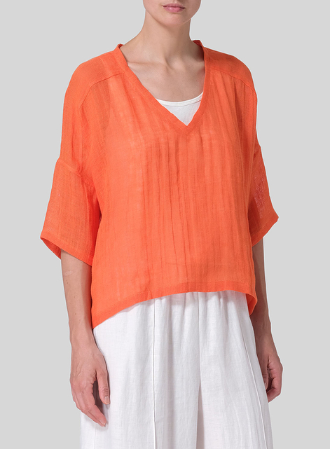 Woven Linen Deep V-neck Top