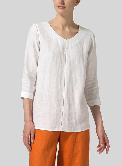 Linen Regular Fit Embroidered V-Neck Top