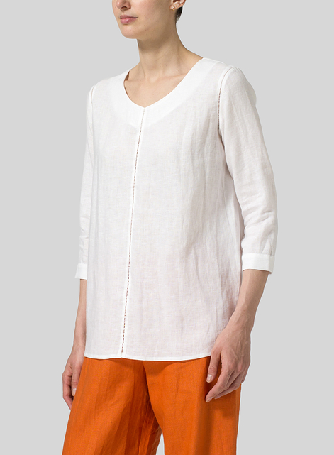 Linen Regular Fit Embroidered V-Neck Top