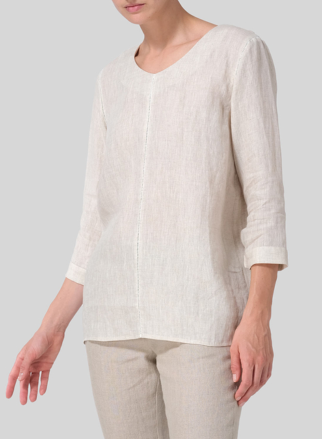 Linen Regular Fit Embroidered V-Neck Top