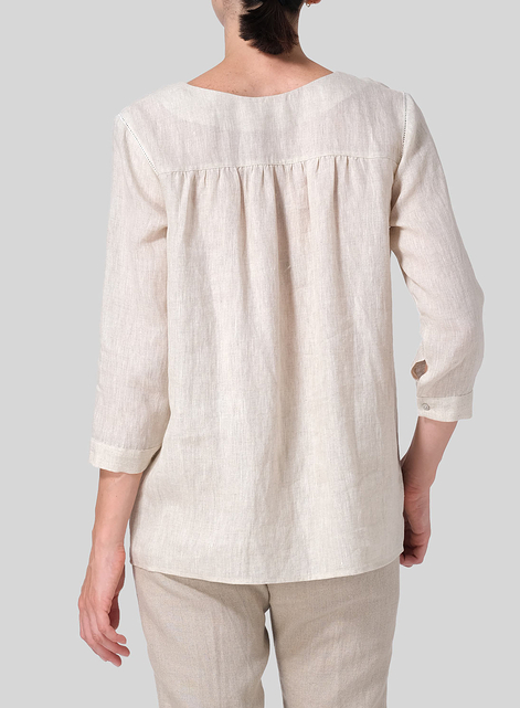 Linen Regular Fit Embroidered V-Neck Top