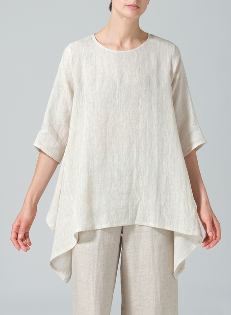 Linen Half Sleeves Handkerchief Hem Tunic