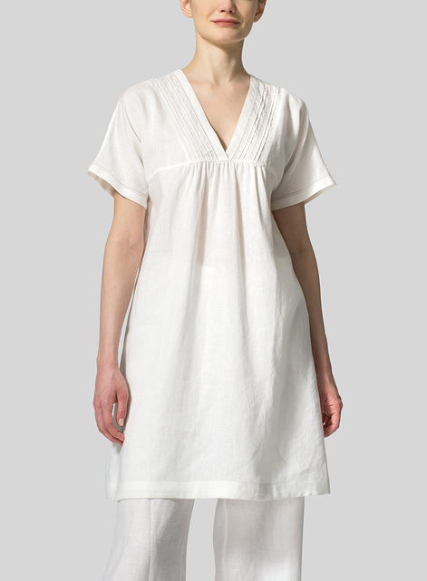 Linen Short Sleeve Neck Pleated Top