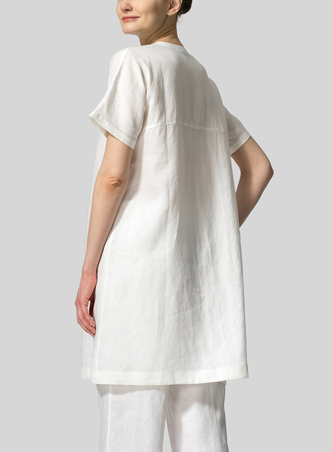 Linen Short Sleeve Neck Pleated Top