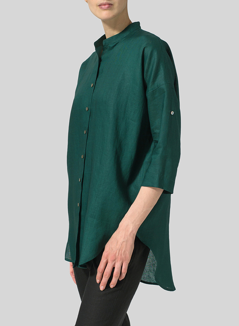 Linen Mandarin Collar Full Button Long Shirt