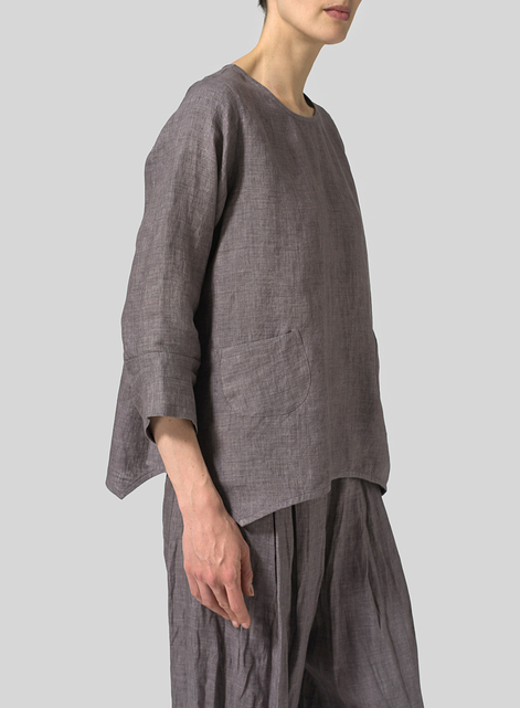 Linen Round Neck 3/4 Sleeve Top