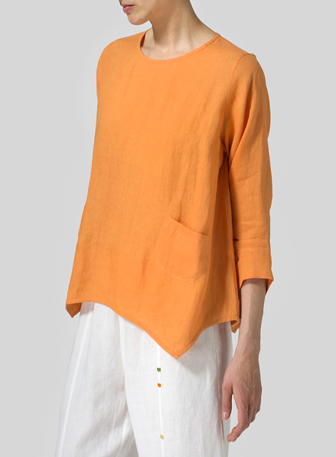 Linen Round Neck 3/4 Sleeve Top