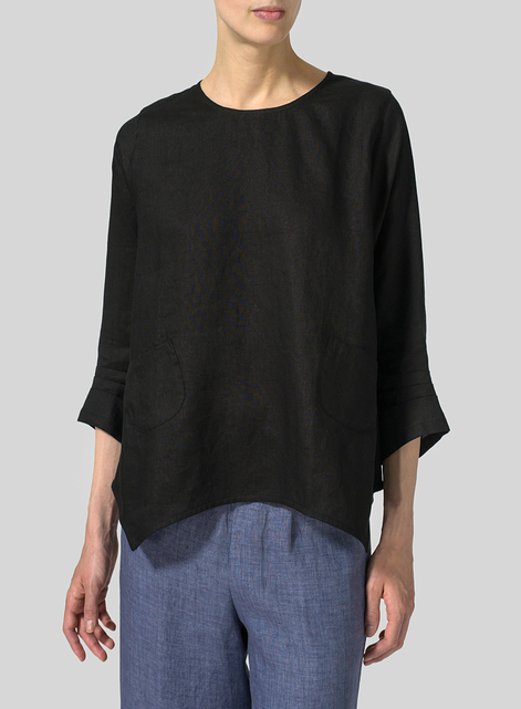 Linen Round Neck 3/4 Sleeve Top