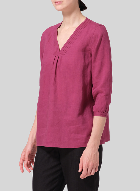 Linen Embroidered A-Line V-Neck Blouse