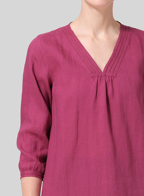 Linen Embroidered A-Line V-Neck Blouse