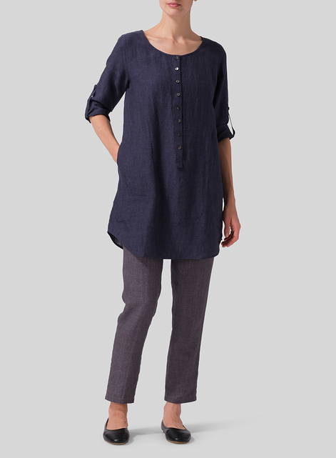 Linen Half Button Long Top