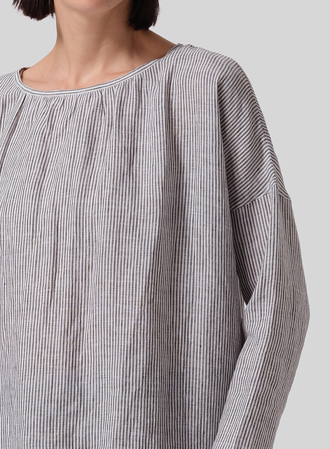 Linen Loose Pleated Crew Neck Blouse