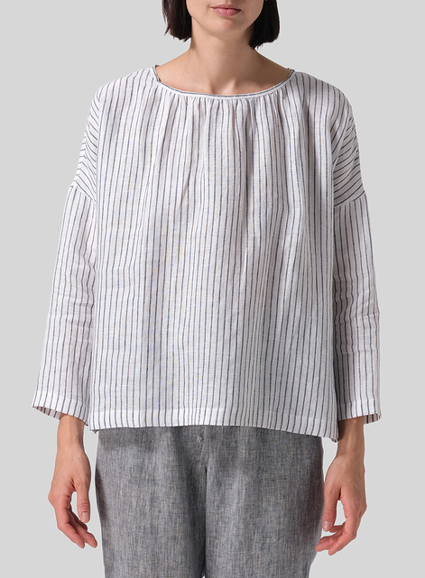 Linen Loose Pleated Crew Neck Blouse