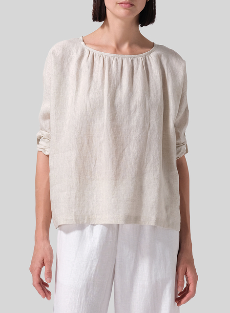 Linen Loose Pleated Roll-Tab Sleeve Top