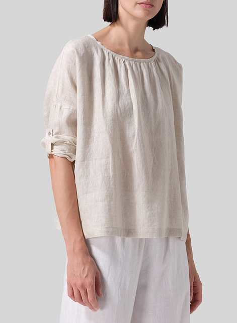 Linen Loose Pleated Roll-Tab Sleeve Top