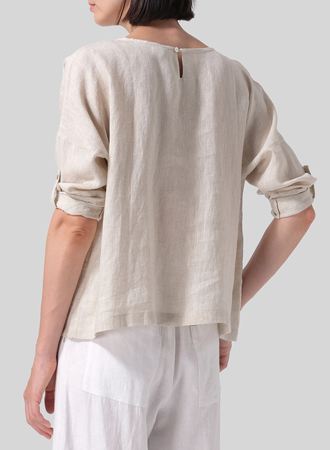 Linen Loose Pleated Roll-Tab Sleeve Top