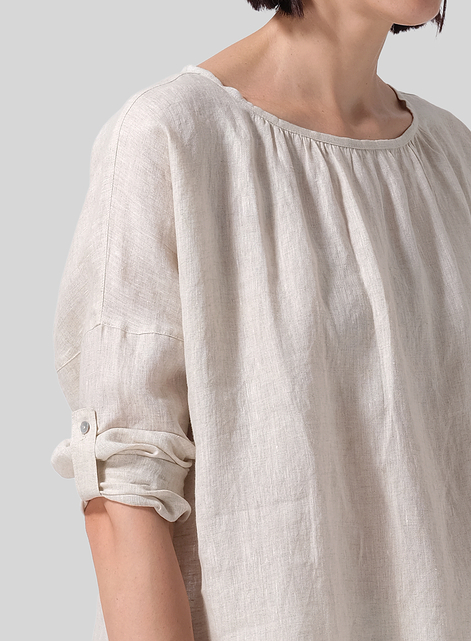 Linen Loose Pleated Roll-Tab Sleeve Top