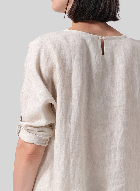 Linen Loose Pleated Roll-Tab Sleeve Top