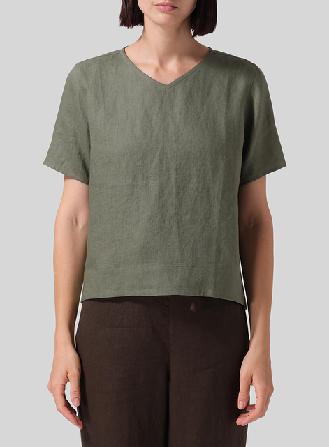 Linen Regular Fit V-Neck Short Top