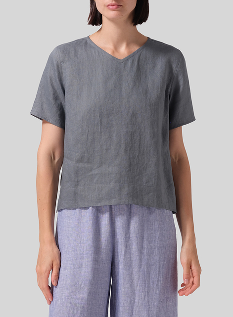 Linen Regular Fit V-Neck Short Top